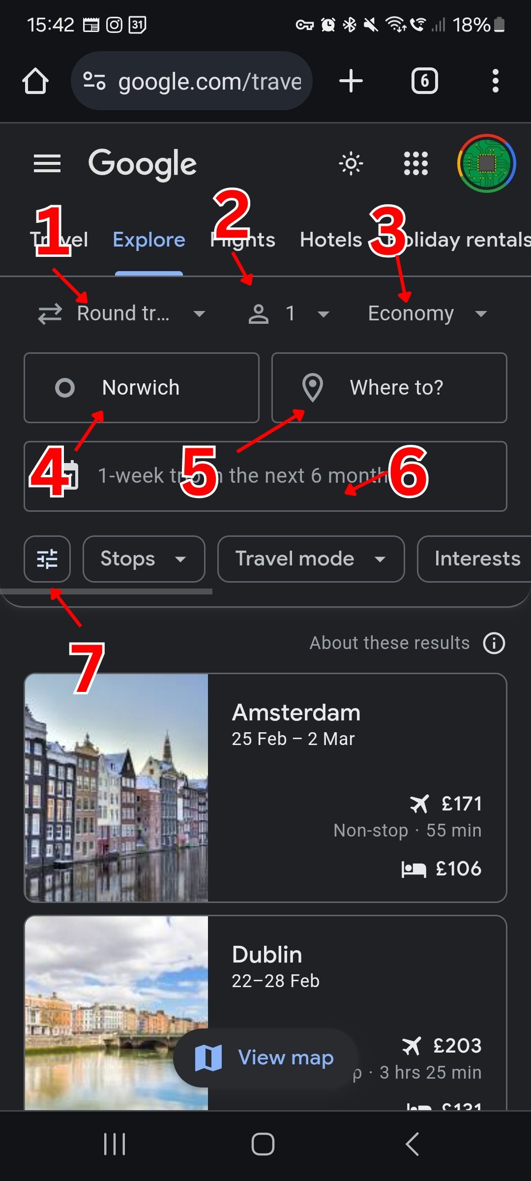 Google explore search options with red numbers and arrows