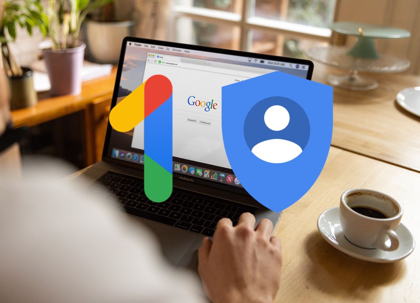 Google account and One logo overlayed on laptop hero image