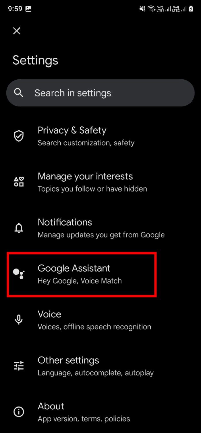 Screenshot showing the Google Assistant option within the Google app