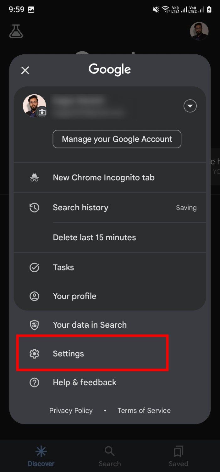 Screenshot showing the Settings option highlighted on the Google app on Android