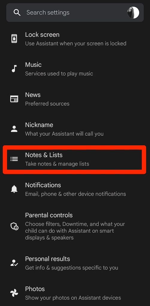 Google Assistant settings menu