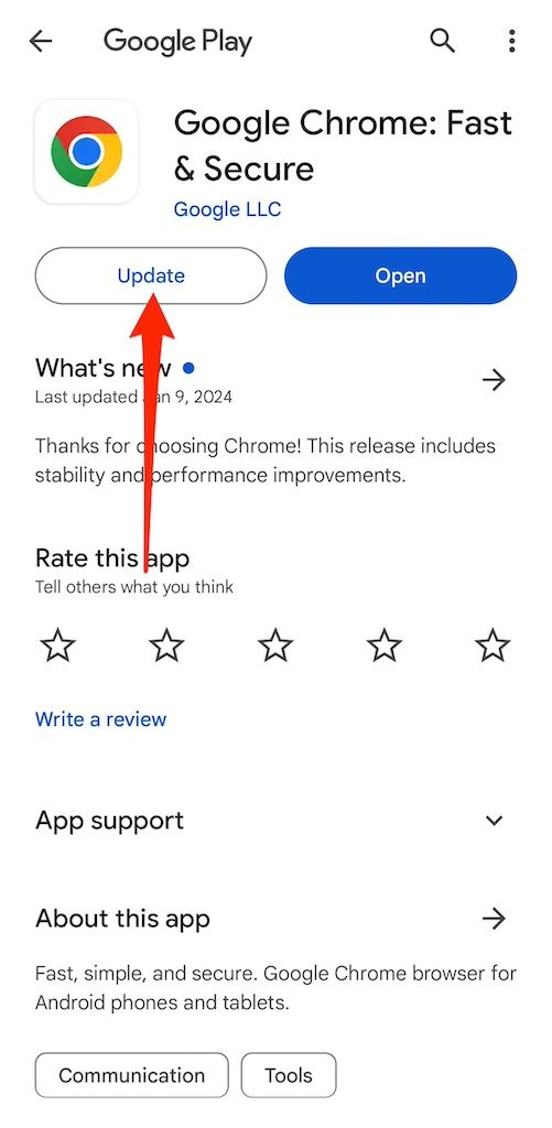 Google Chrome information page on Play Store with available update