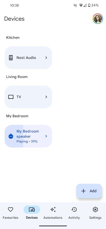 google home app home screen showing three devices