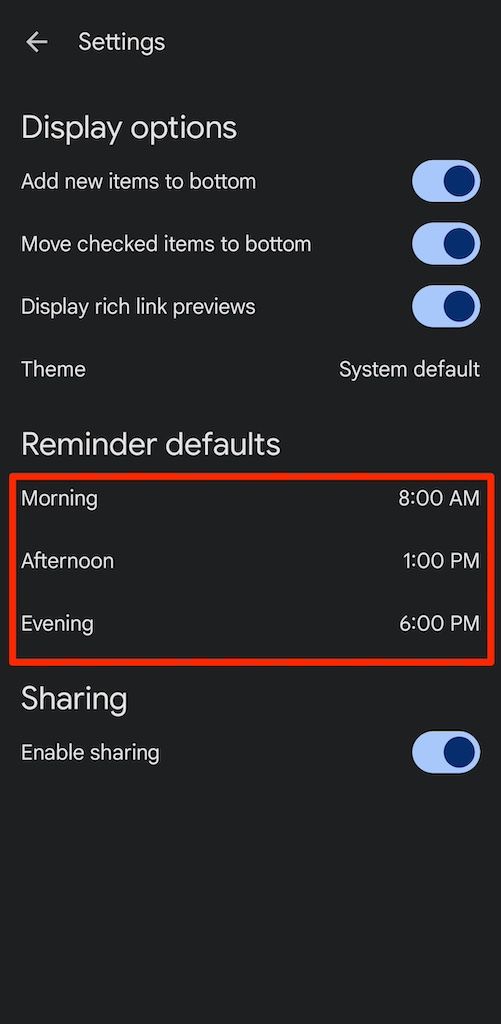 Google Keep app settings menu