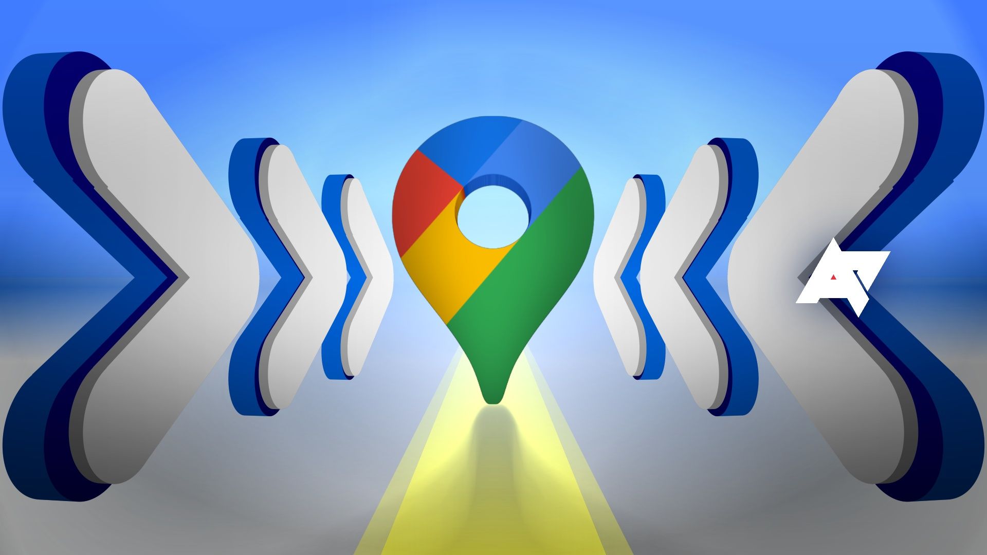 Location arrows and a road line leading to a Google Maps logo