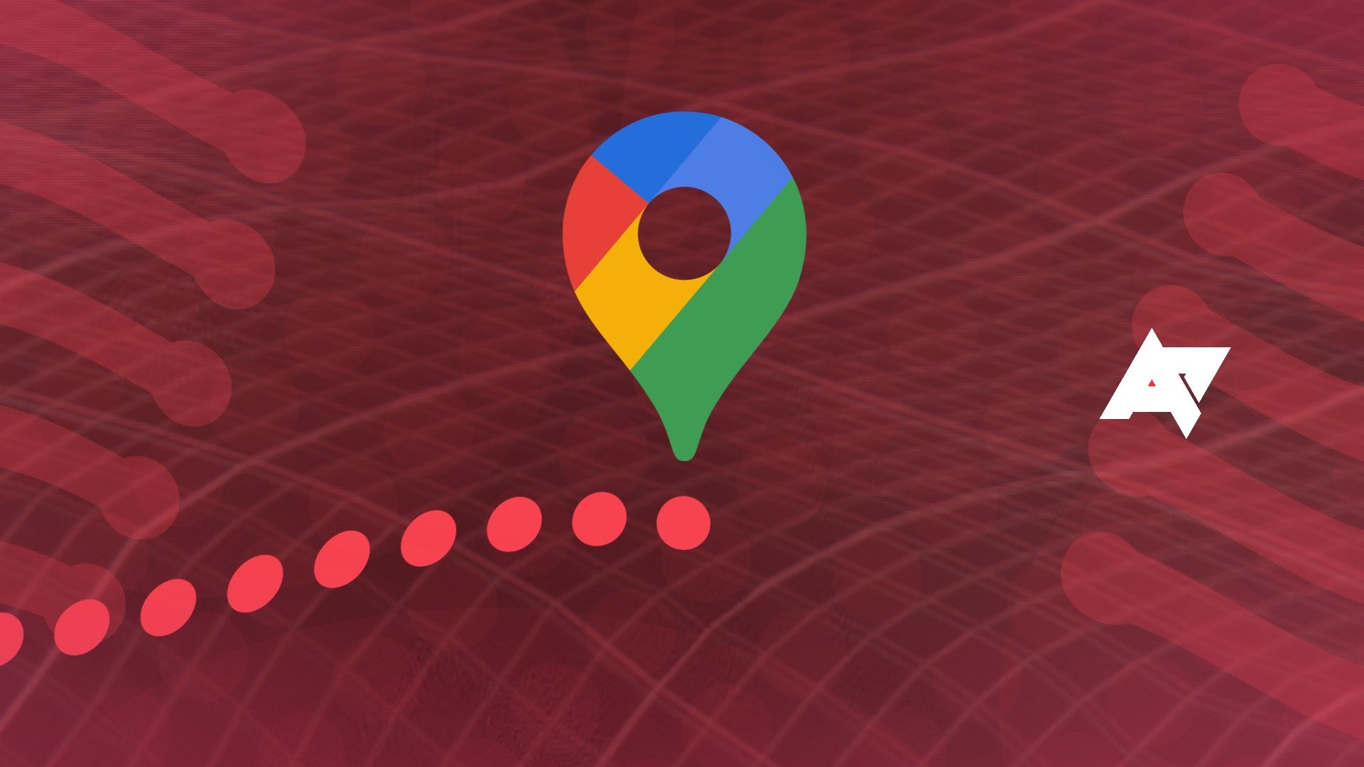 google maps icon in the center embedded on red wavey grid patterns background
