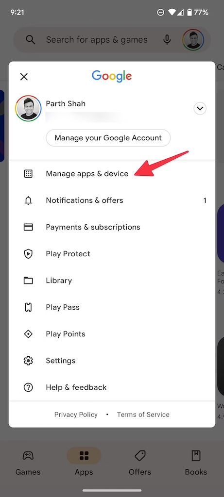 Google Play Store account options