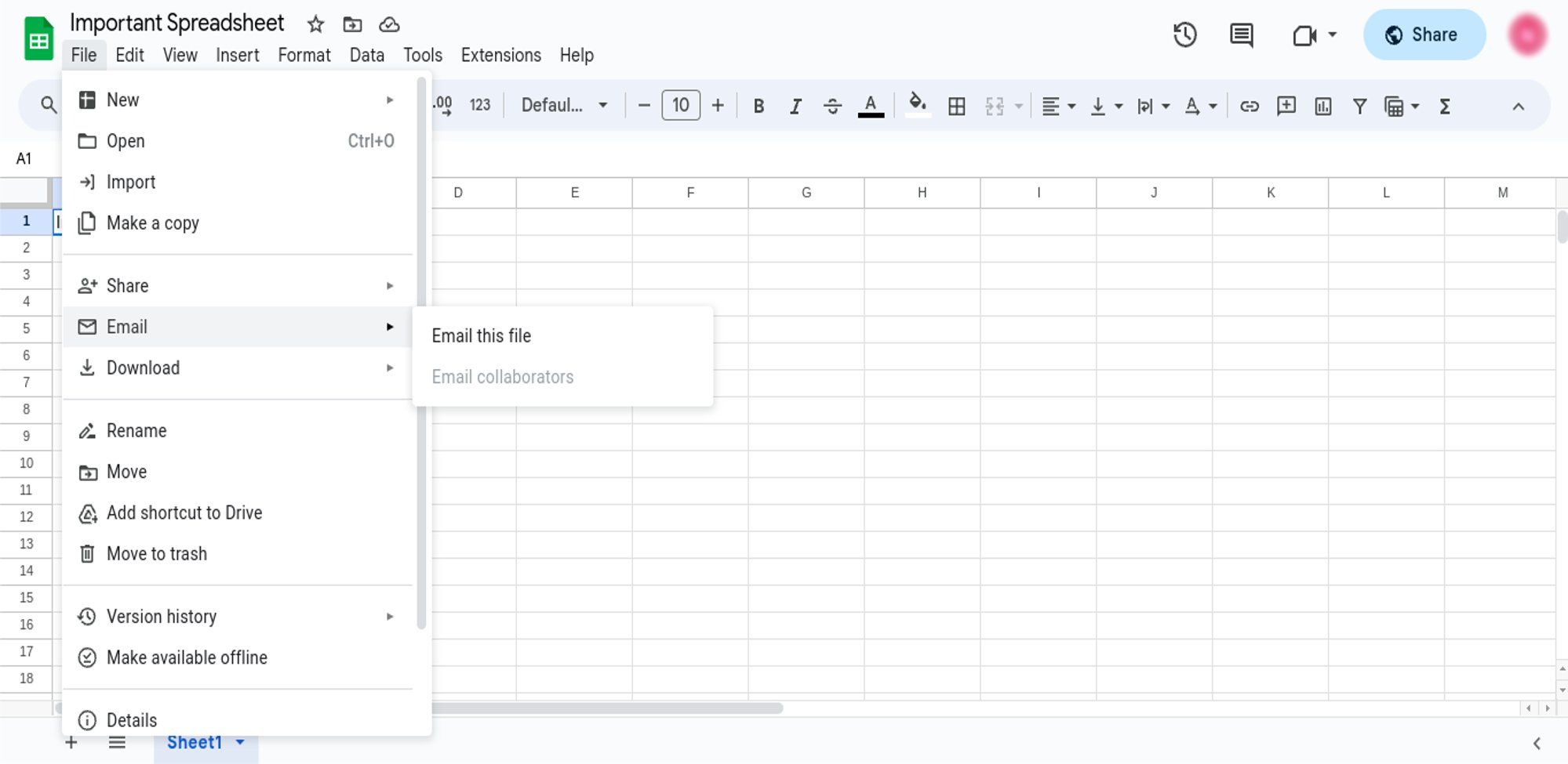 a screenshot of the google sheets file and email menus