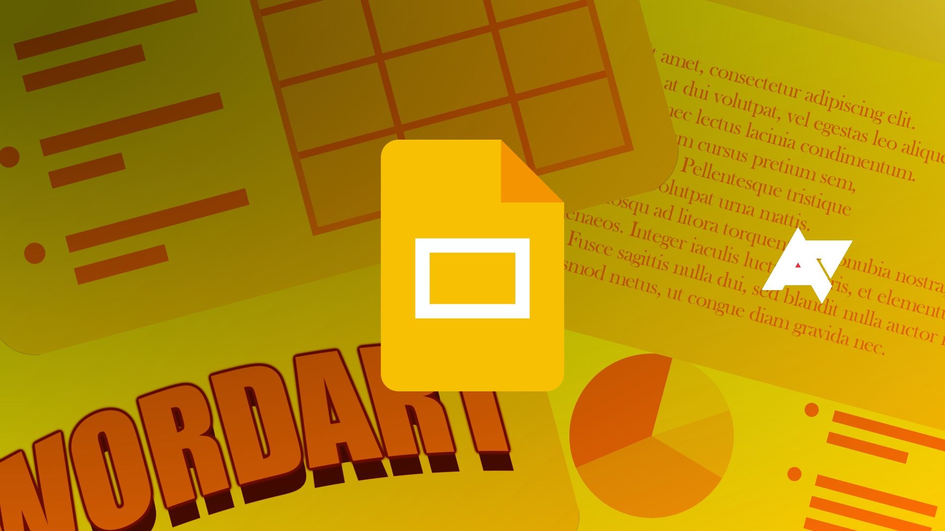 The Google Slides logo against a presentation done primarily in yellow and orange