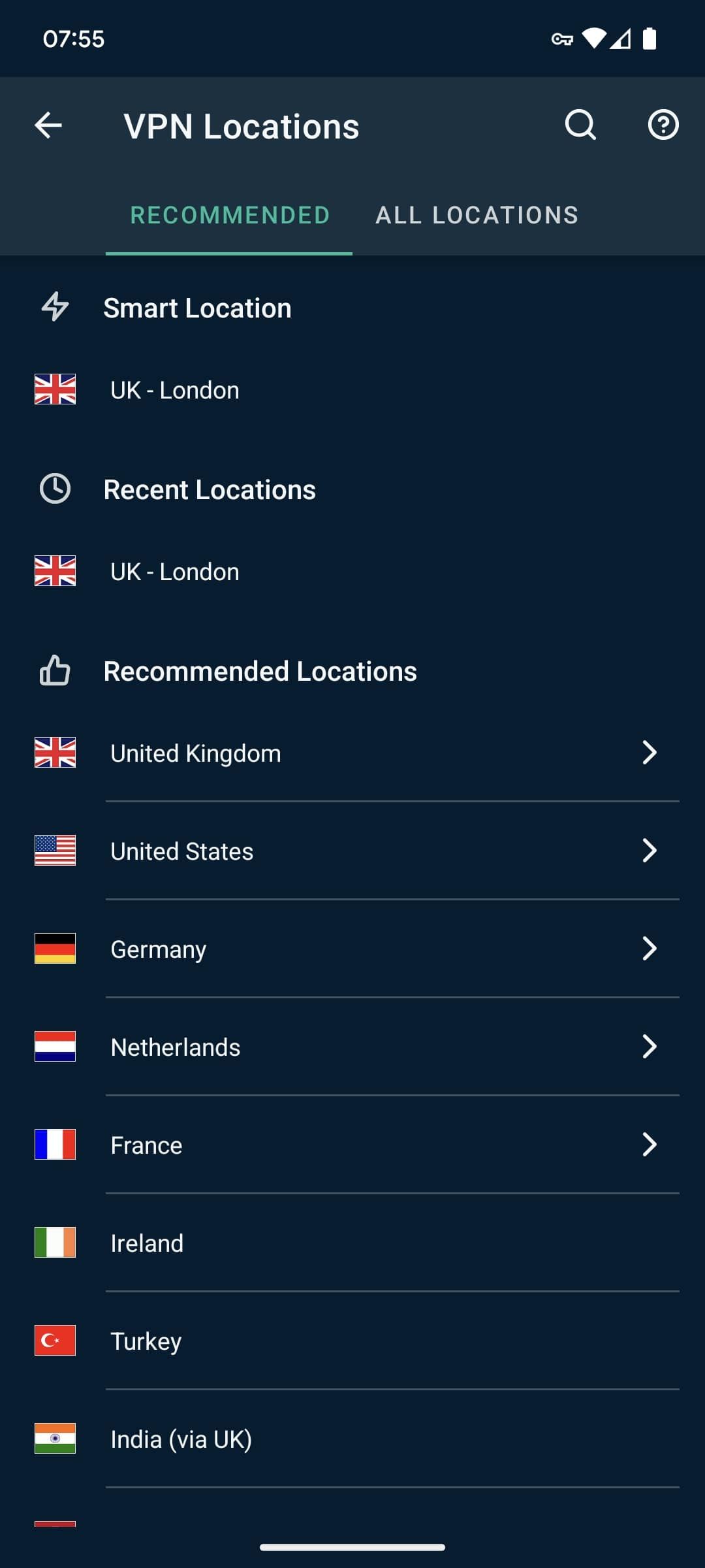 ExpressVPN location selection screen