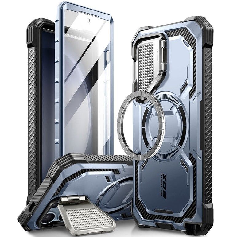 Explanded views of the front and back of the i-Blason Armorbox for Galaxy S24 Ultra in blue