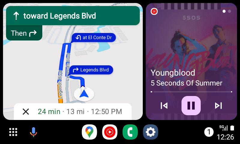 This is the Android Auto screen showing directions and the music player