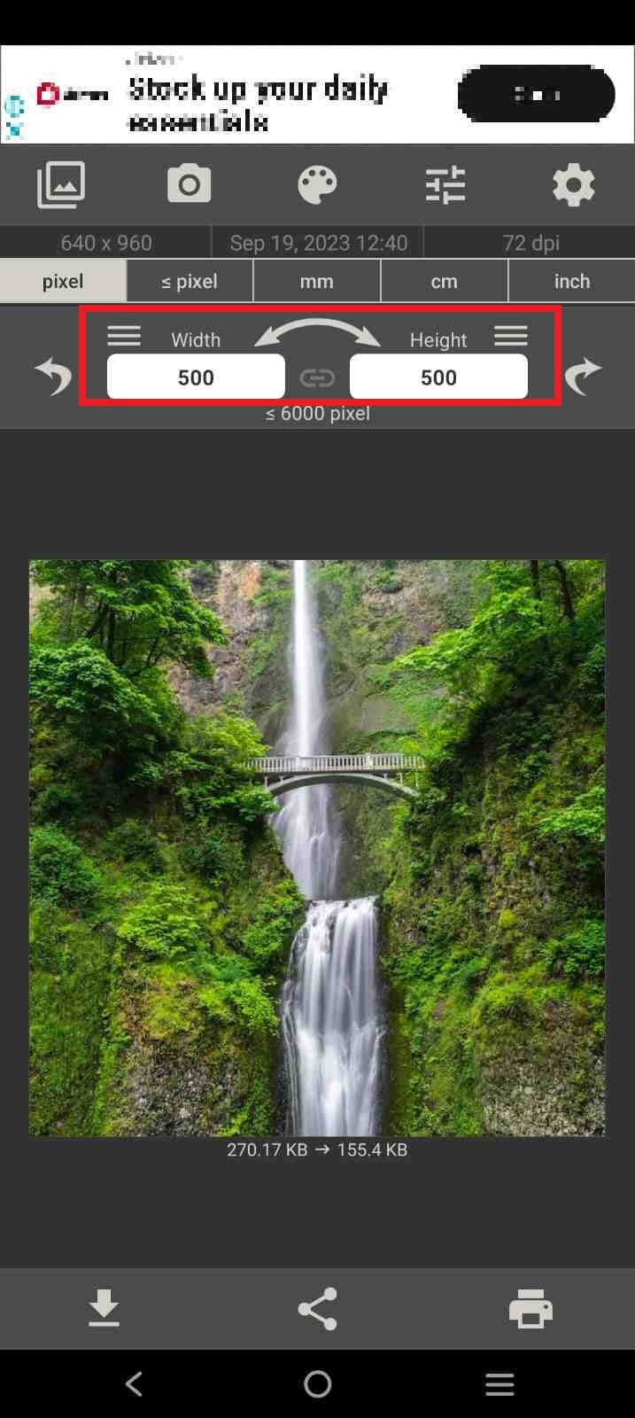 Screenshot highlighting the image dimensions in the Image Size app