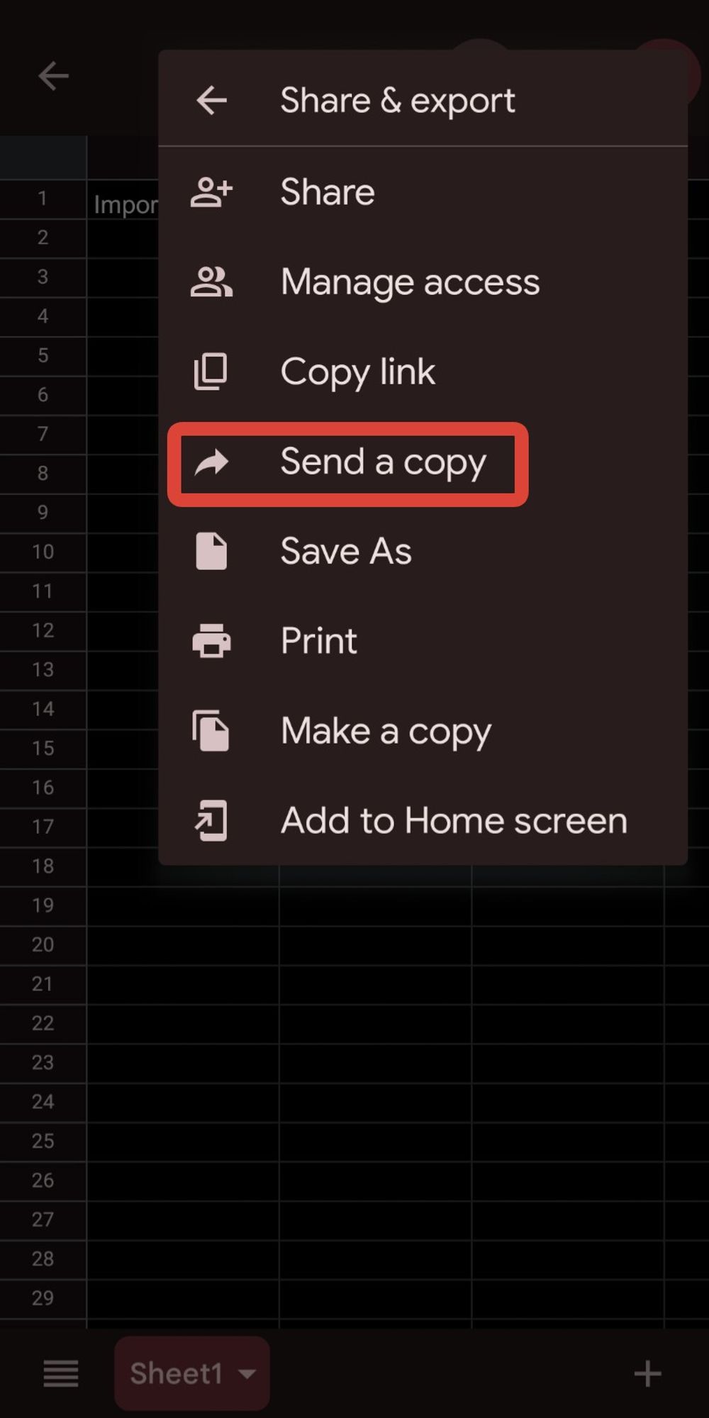 A screenshot of the Google Sheets export menu with send a copy highlighted