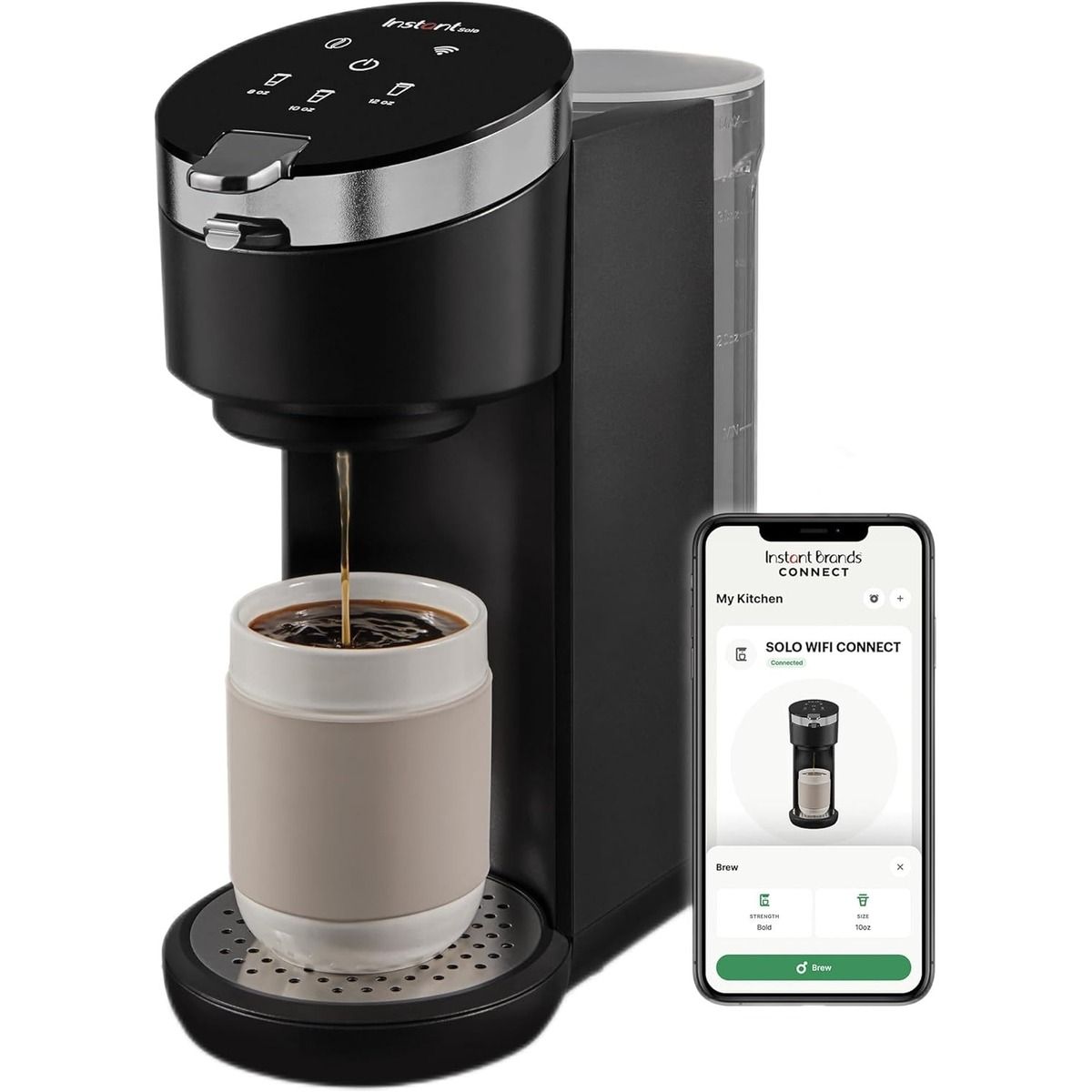 The Instant Solo Coffee Maker and a smartphone against a white background