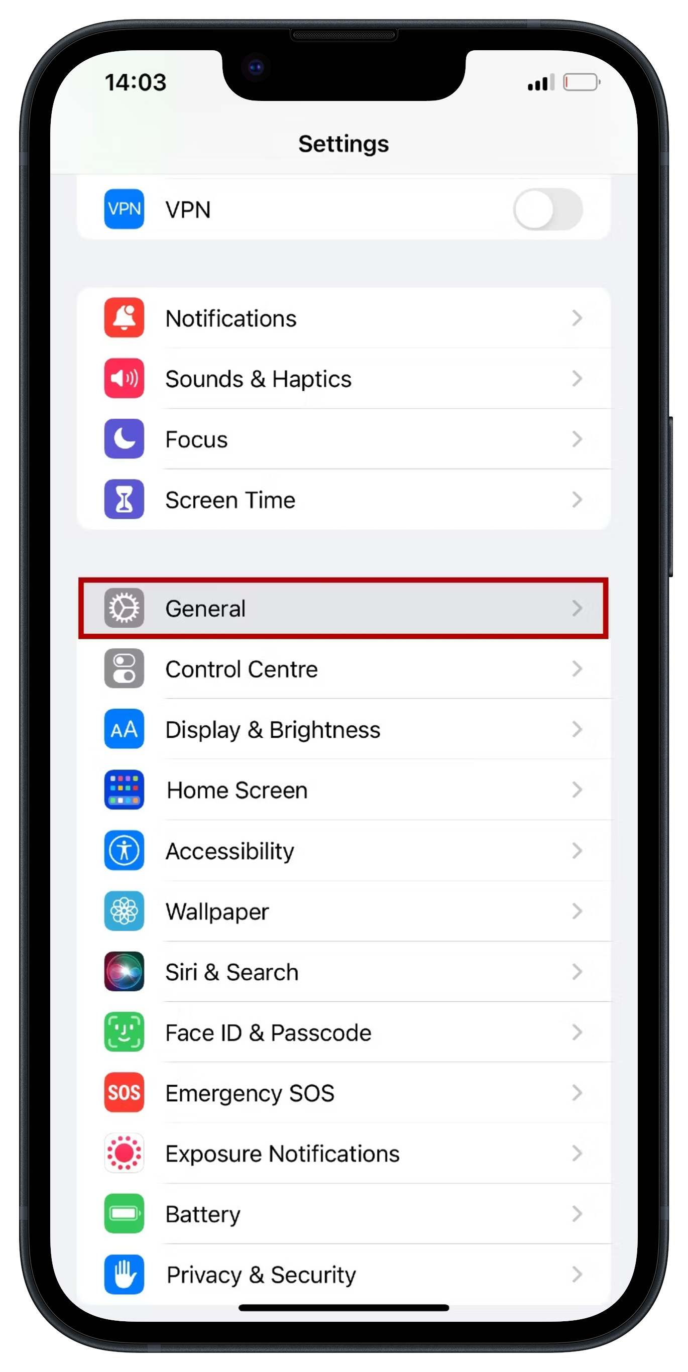 Screenshot showing iPhone settings menu