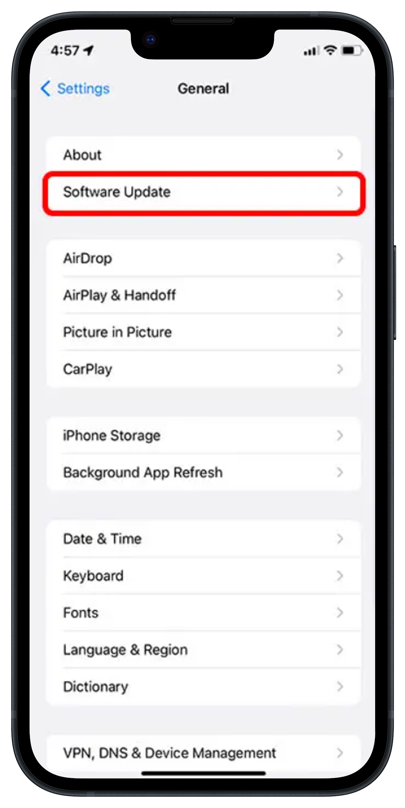 Screenshot showing iPhone Software Update menu