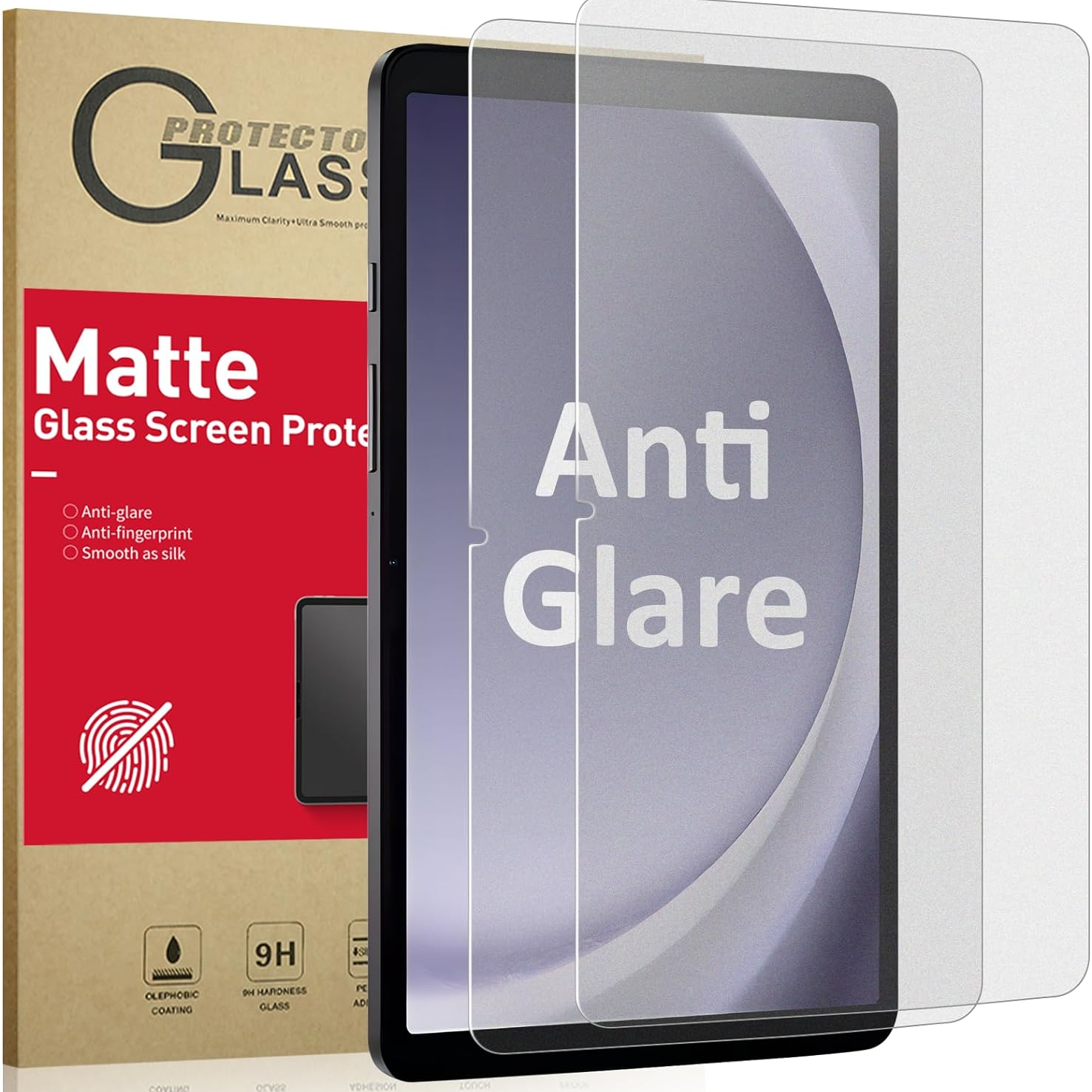 Ambison Matte Tempered Glass Screen Protector for Galaxy Tab A9+ beside packaging on a white background