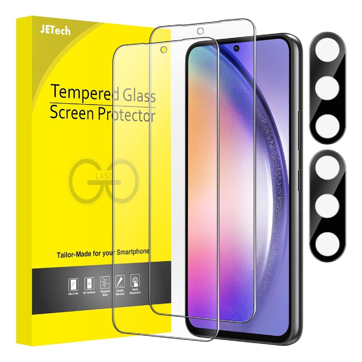 Two pieces of glass screen protectors, camera lens protectors, and a phone on a white background