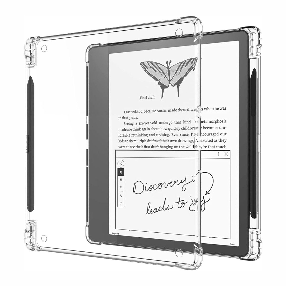 A Kindle Scribe and its stylus in a transparent case 