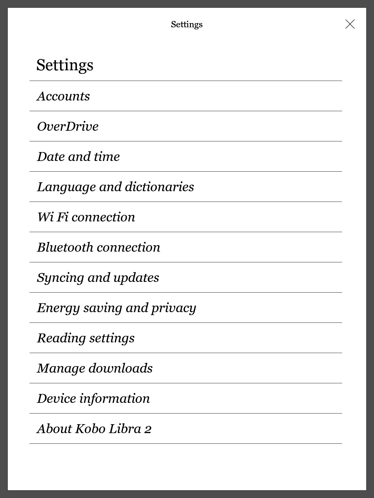 Kobo Libra 2 Settings menu