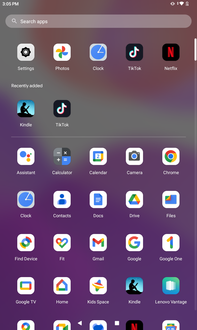 The apps menu of the Lenovo Tab M9