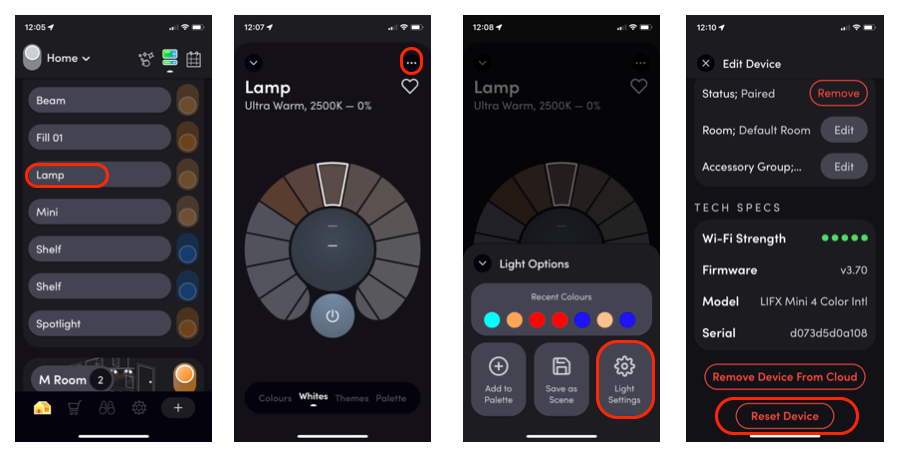 Screenshot of LIFX bulb reset screens