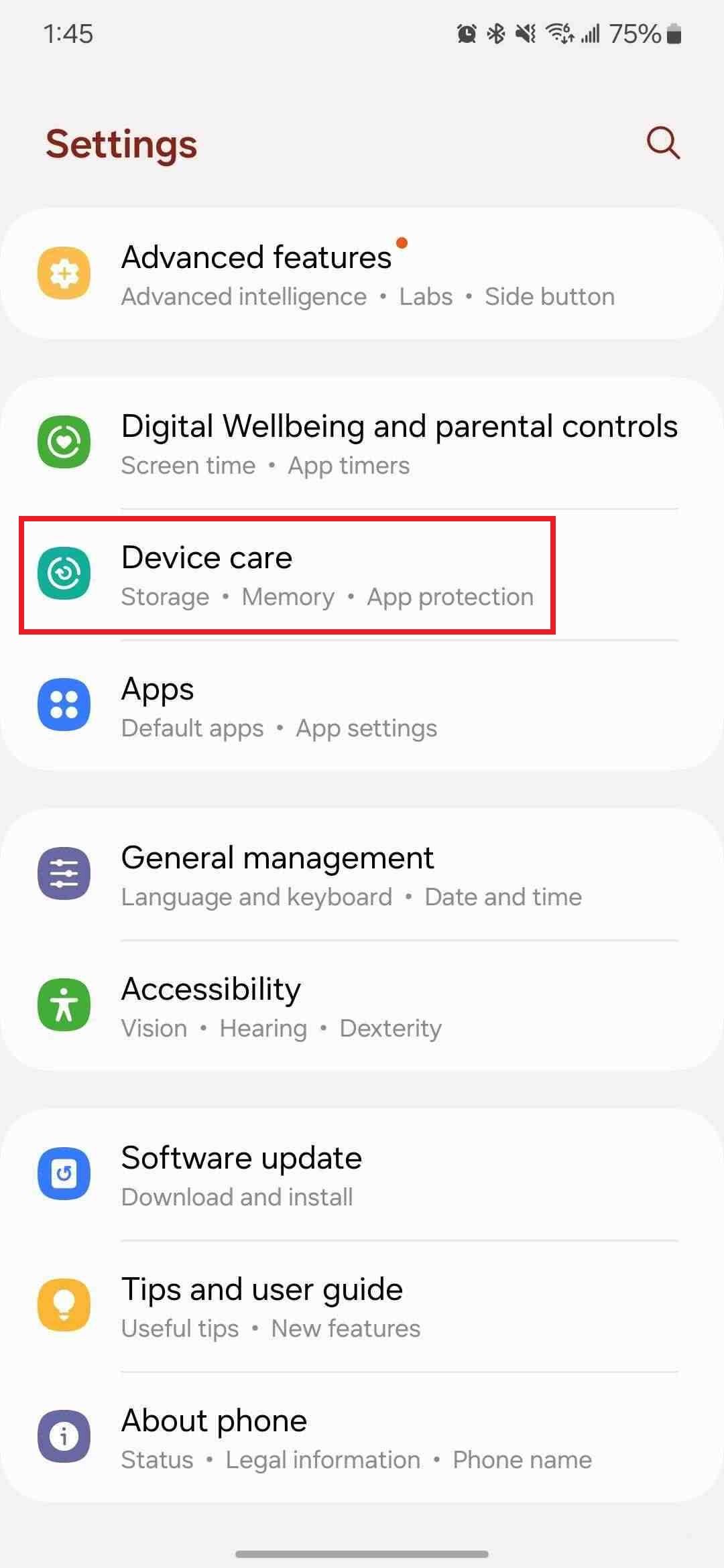 Screenshot highlighting 'Device care' on the Samsung Galaxy S24
