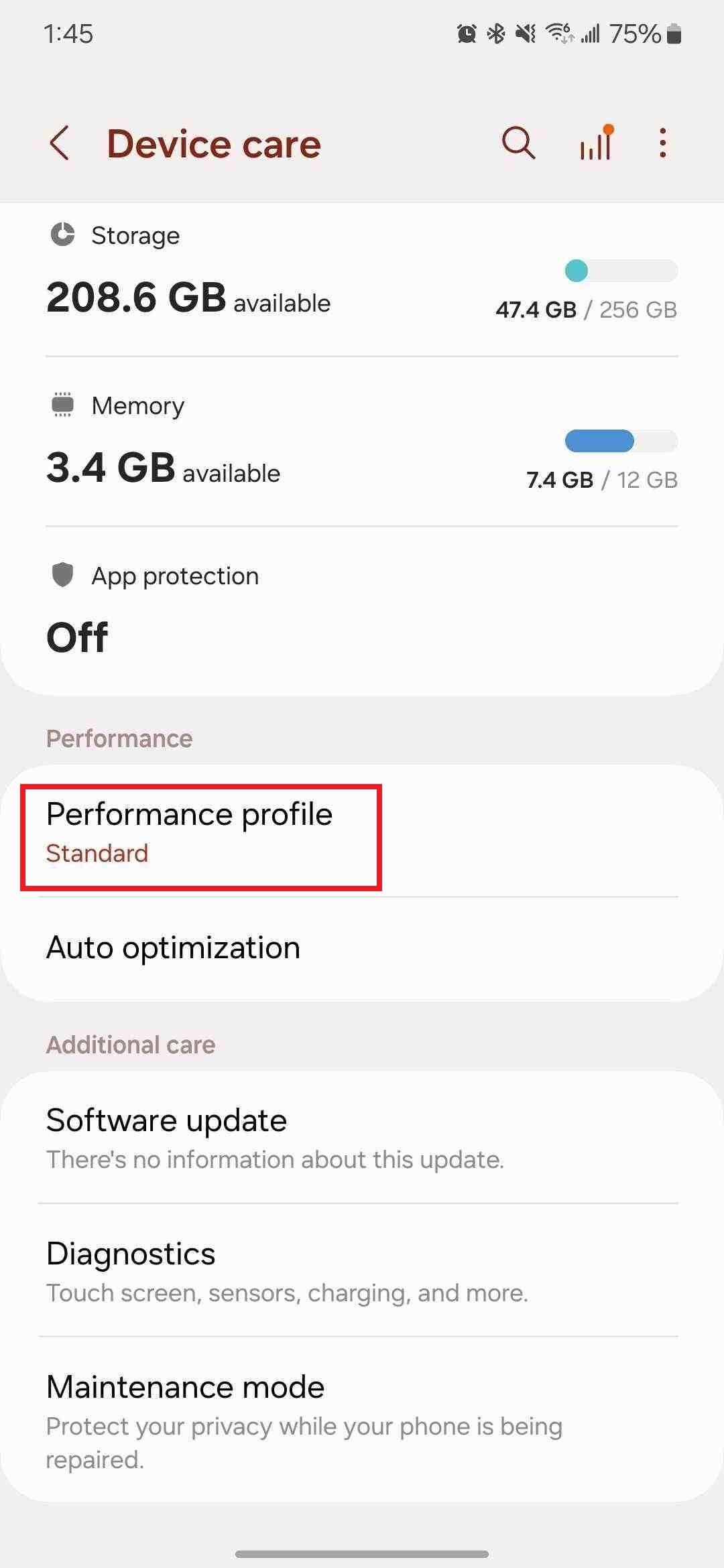 Screenshot highlighting 'Performance profile' on the Samsung Galaxy phone