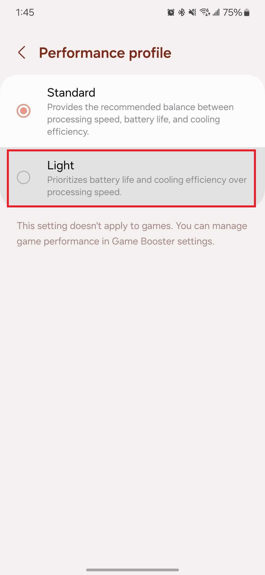 Screenshot highlighting 'Light' on the Samsung Galaxy S24