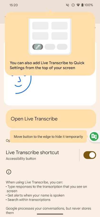 accessibility button for live transcribe in settings