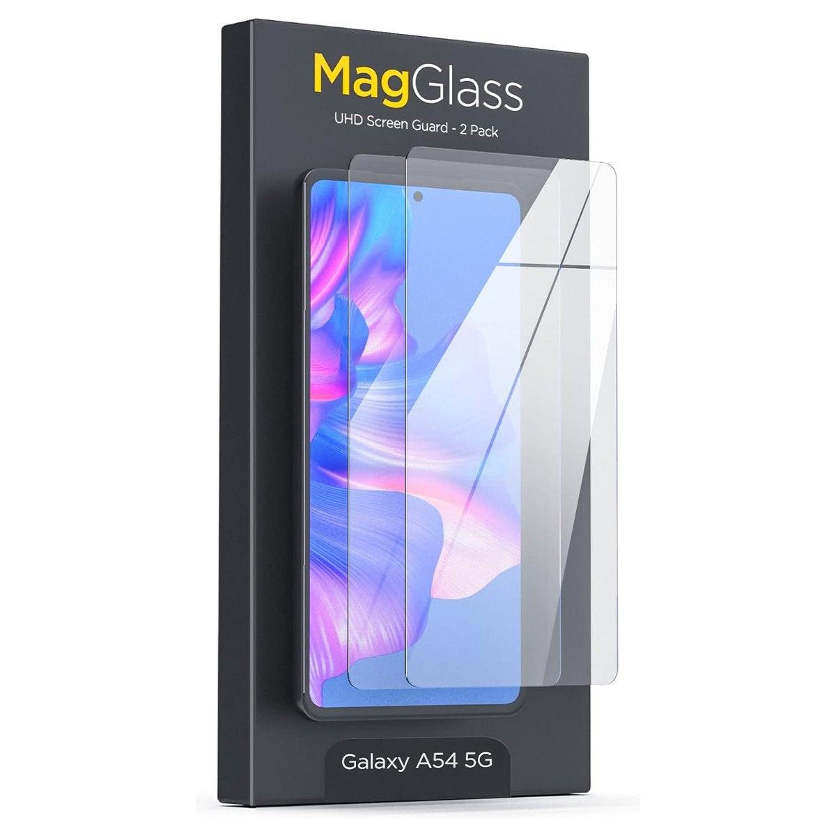 A retail box of a MagGlass screen protector for the Galaxy A54 on a white background