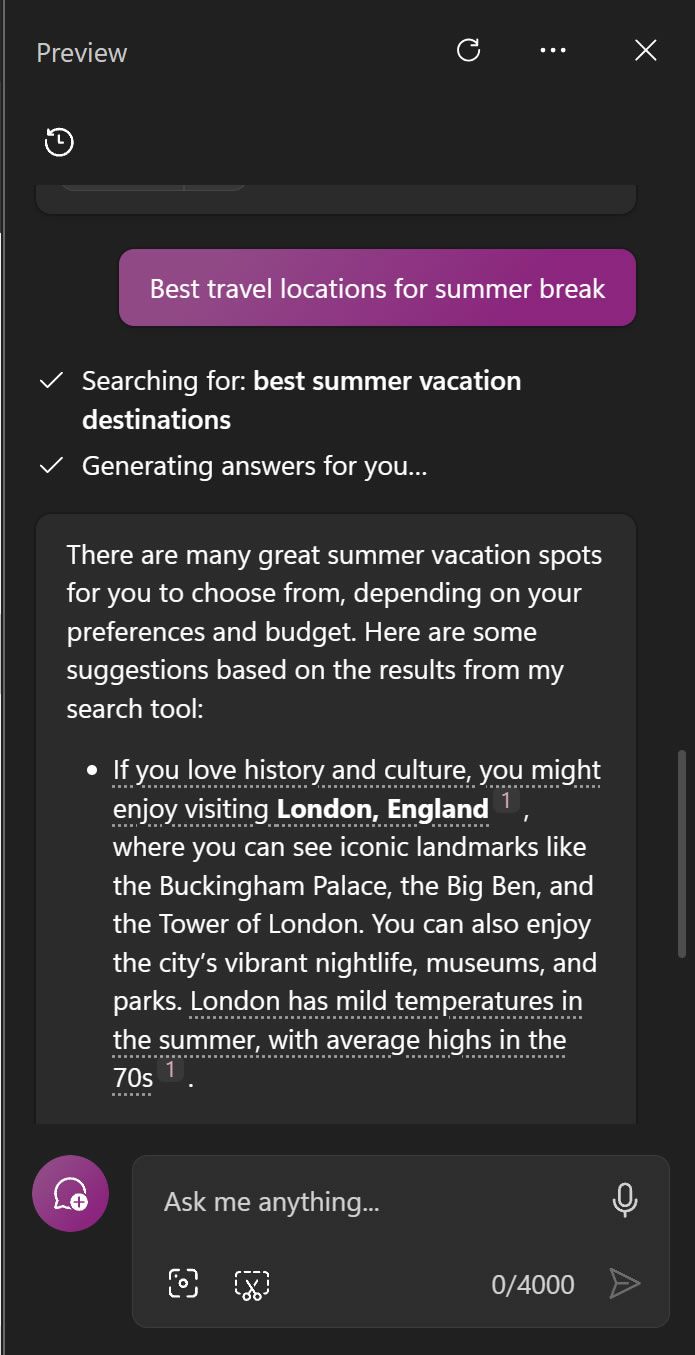 An example prompt showing the Best travel locations for summer break in Microsoft Copilot