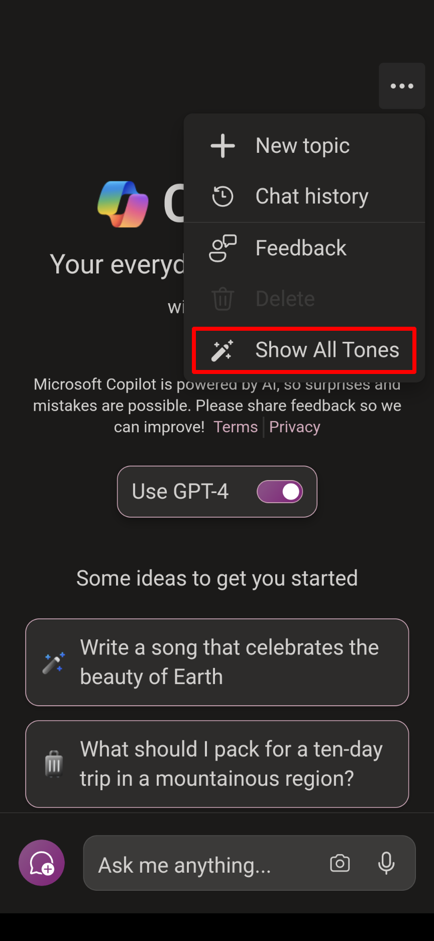 Selecting the Show All Tones in the Android app of Microsoft Copilot