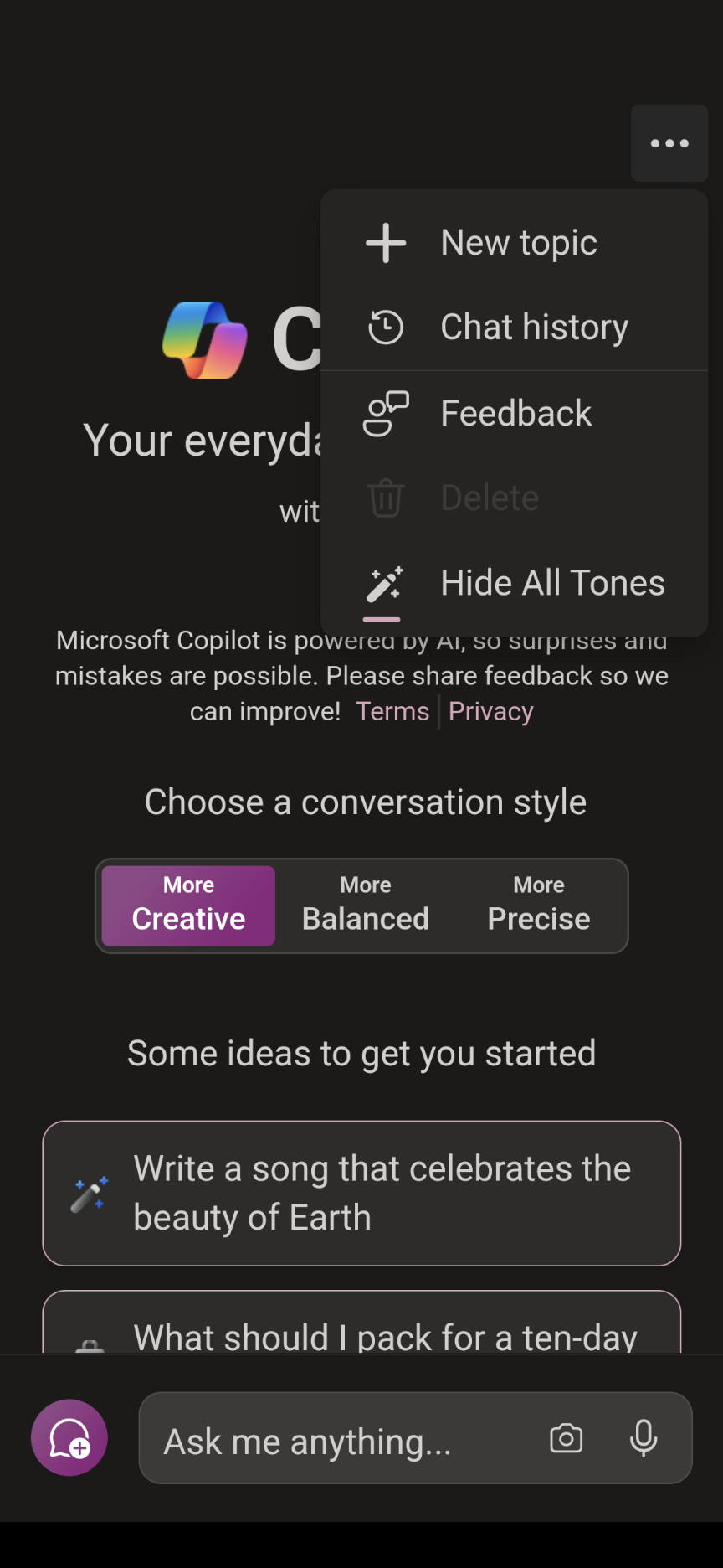 All 3 conversation styles are now shown in the Android app of Microsoft Copilot