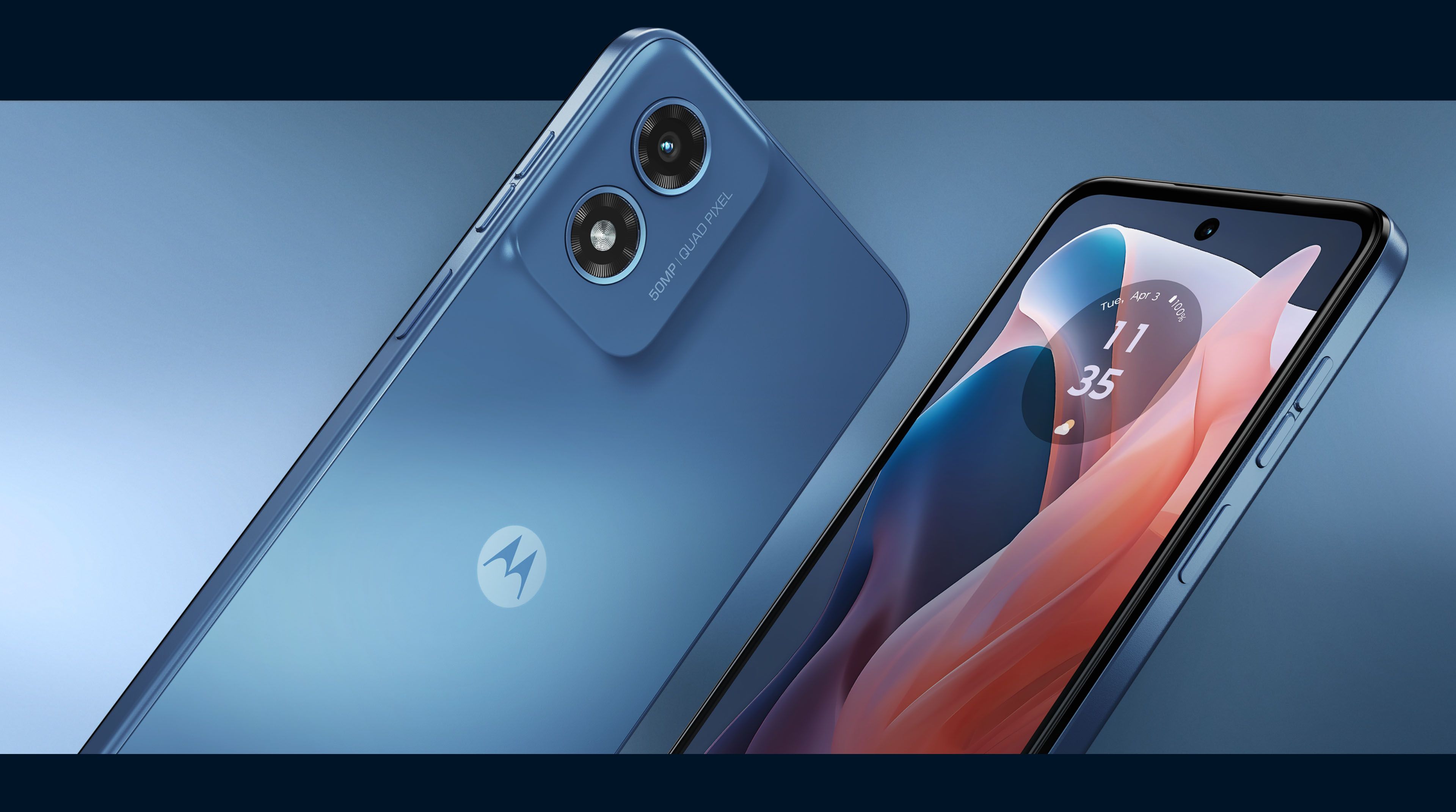 Image of the Motorola Moto G Play 2024 against a blue background