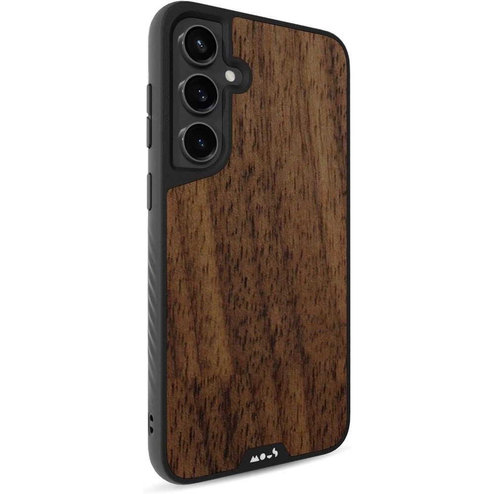 The Mous Limitless 5.0 case for Galaxy S23 FE in Walnut from a front-left angled view