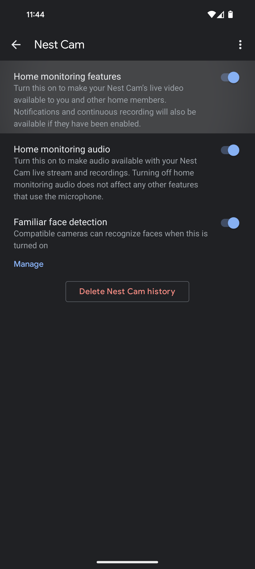Screenshot of the Google Home app showing the Nest Hub Max Nest Cam settings
