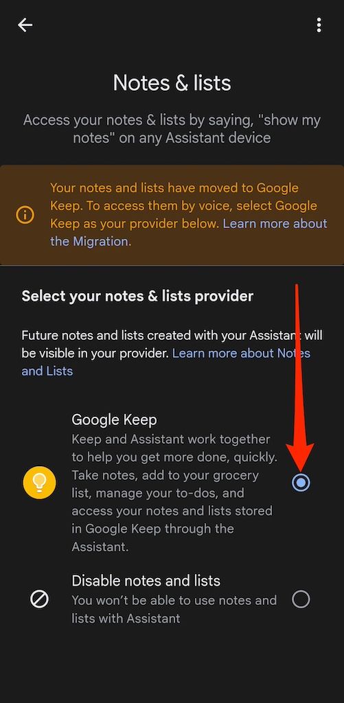 Notes and Lists menu in Google Assistant settings