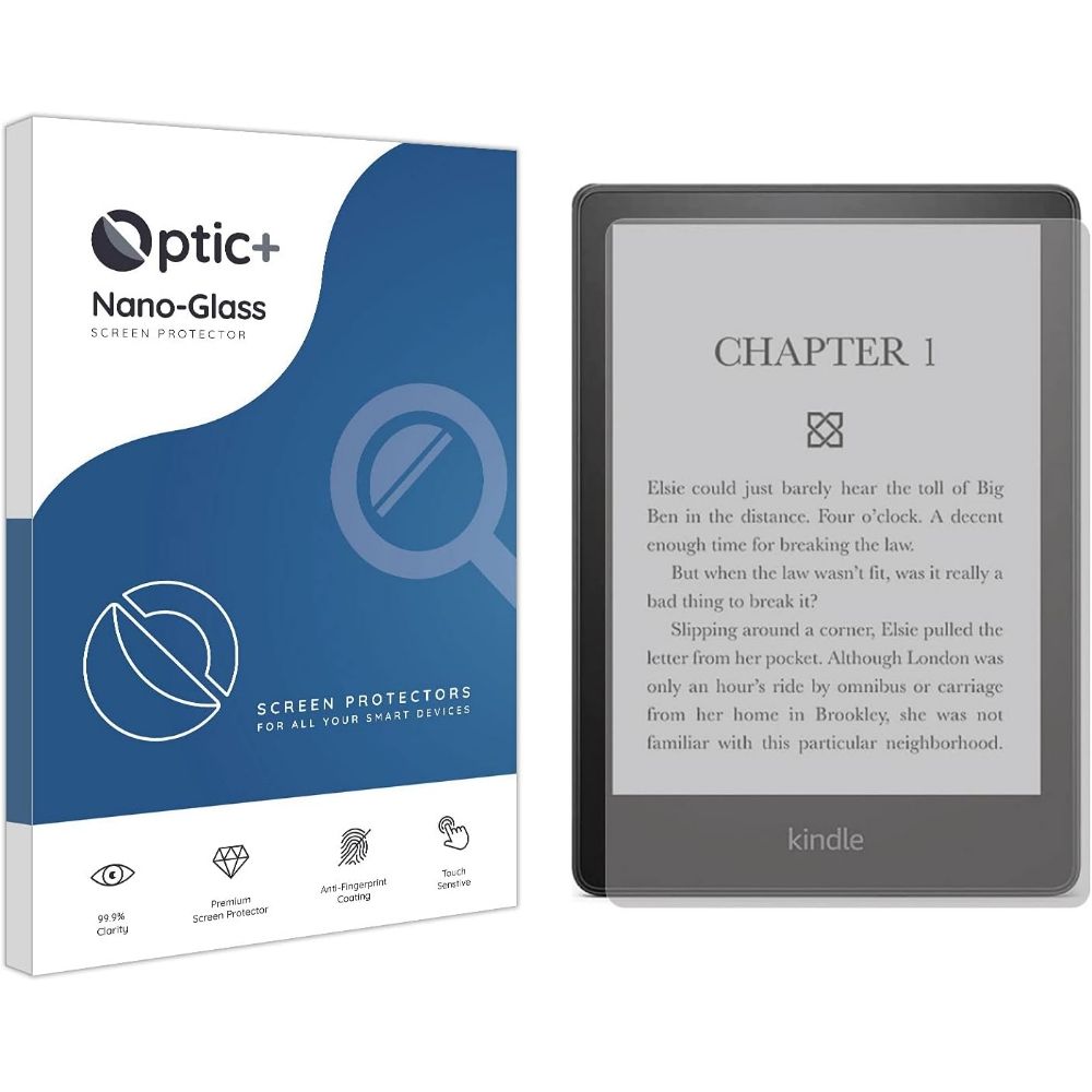 Optic plus Nano Glass Screen Protector for Kindle Paperwhite beside packaging