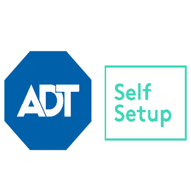 ADT Self Setup logo, letters 'ADT' in blue octagon next to 'Self Setup' in light green square