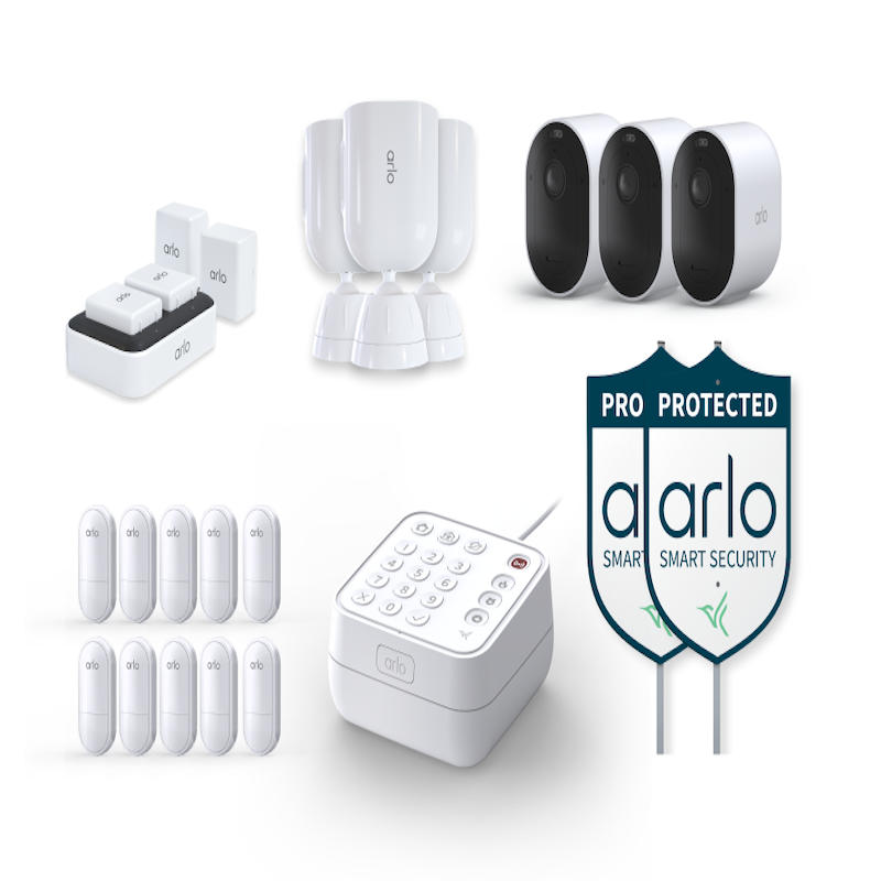 Group of Arlo cameras, batteries, sensors, keypad, and yard signs on white background