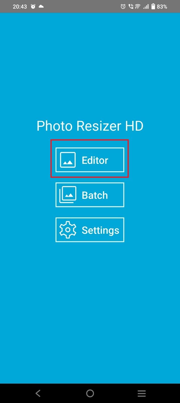 Screenshot highlighting the 'Editor' option in the Photo Resizer HD app