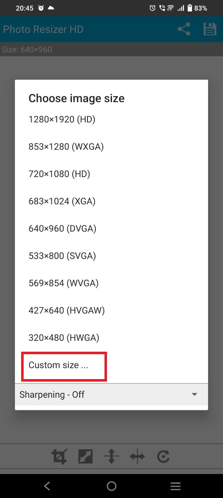 Screenshot highlighting the 'Custom size' option in the Photo Resizer HD app
