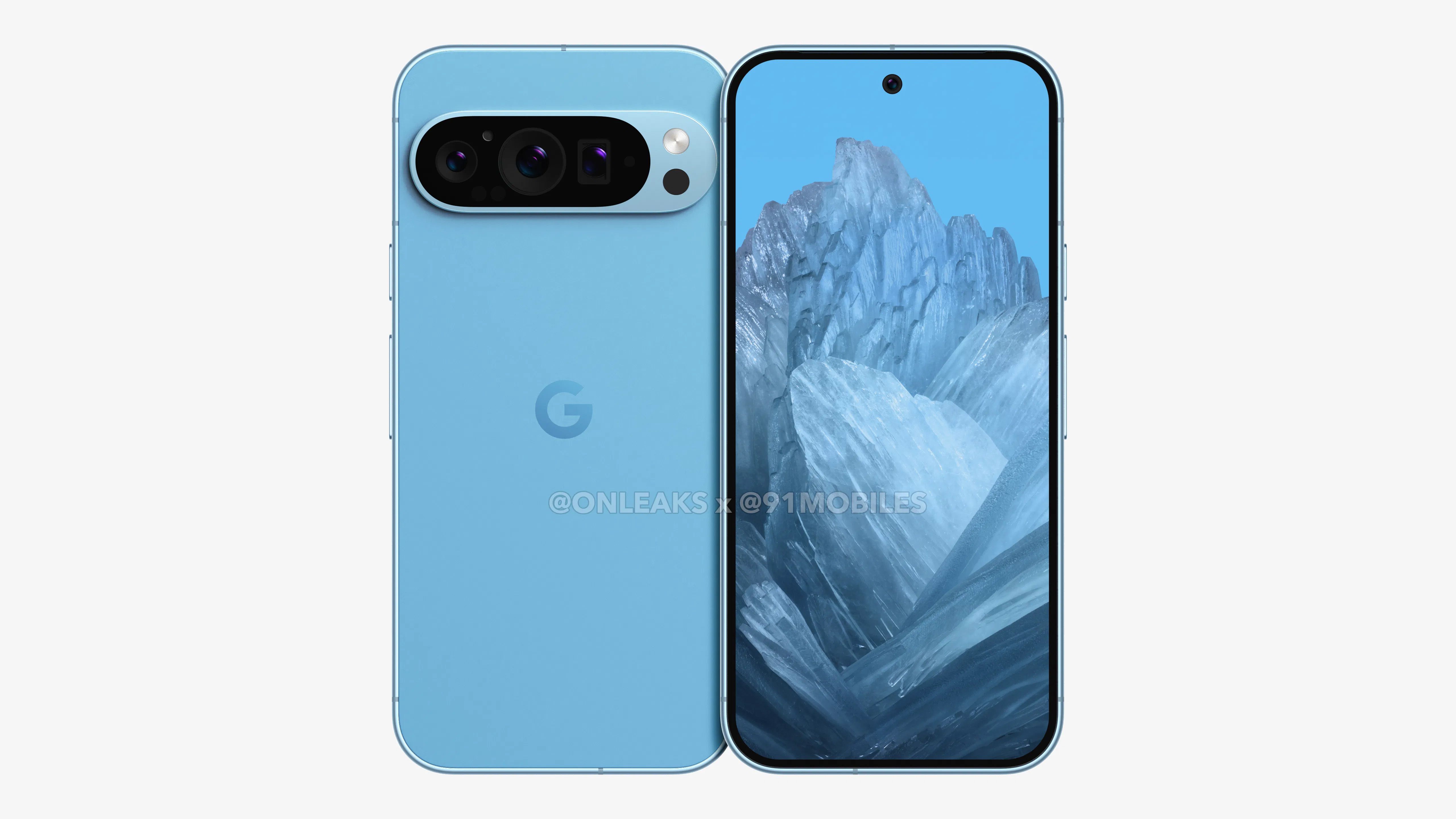 Renders of the Pixel 9 in blue against a white backdrop.