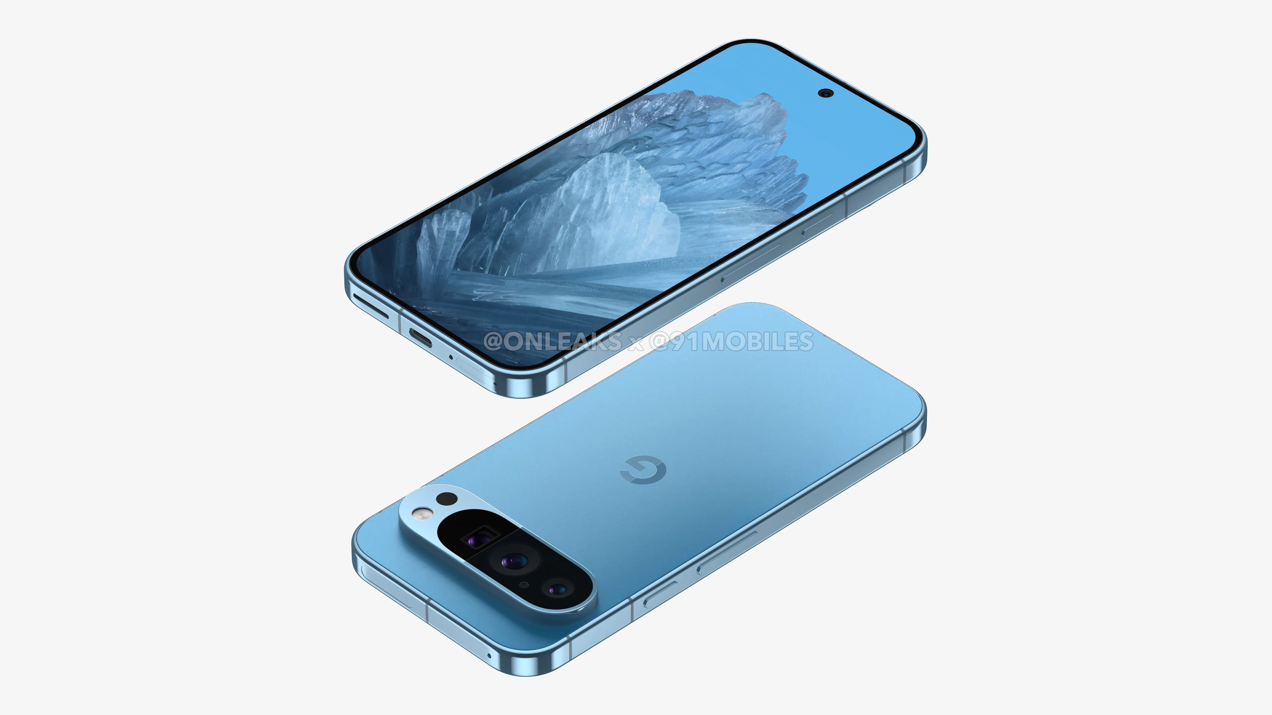 Renders of the Pixel 9 in blue against a white backdrop.