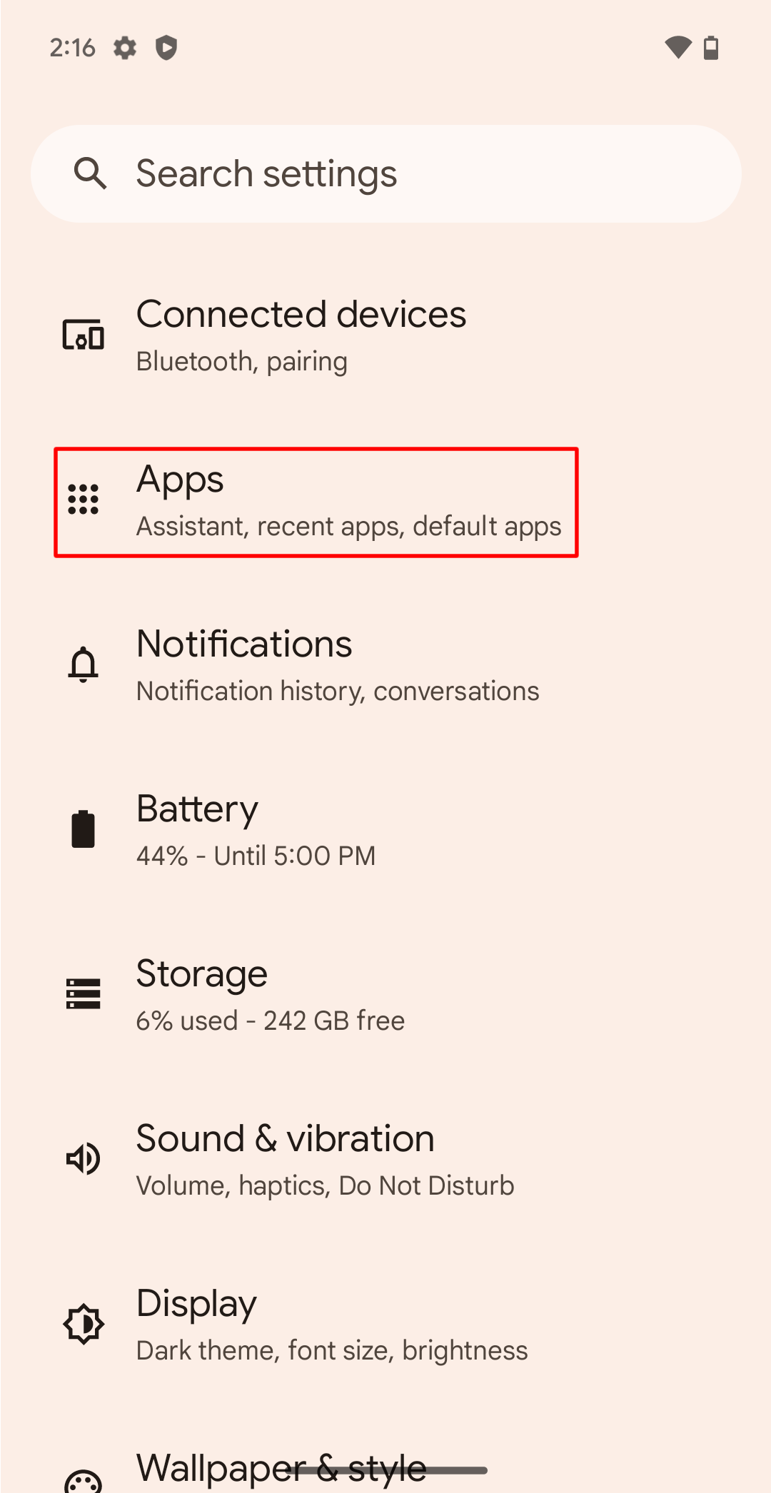 Selecting the Apps section in the Settings app on a Google Pixel Fold