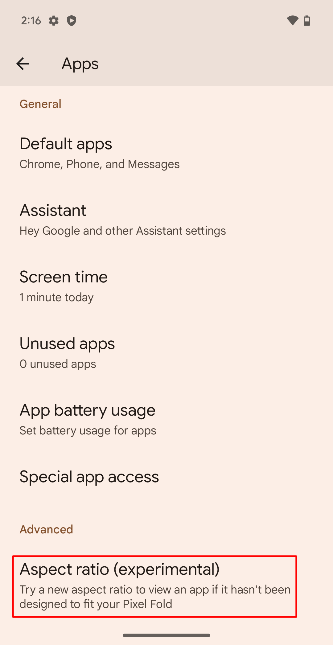 Selecting the Aspect ratio section in the Settings app on a Google Pixel Fold