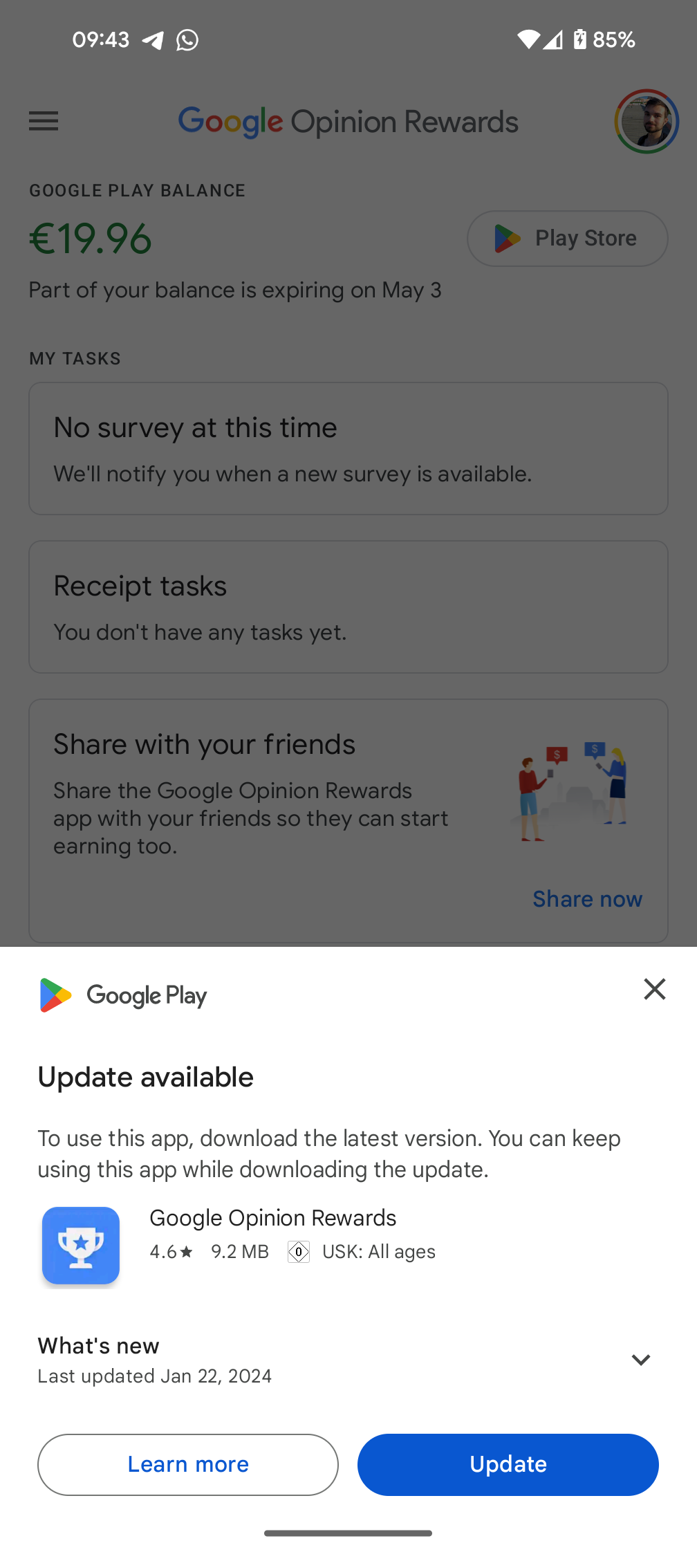 A screenshot of the Google Opinion Rewards app showing the new pop-up message to update the app