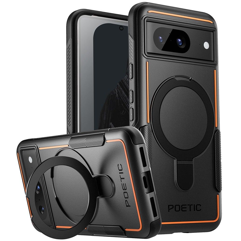 The front, rear upright, and rear kickstand views of the Poetic Neon MagPro for Pixel 8 in Black